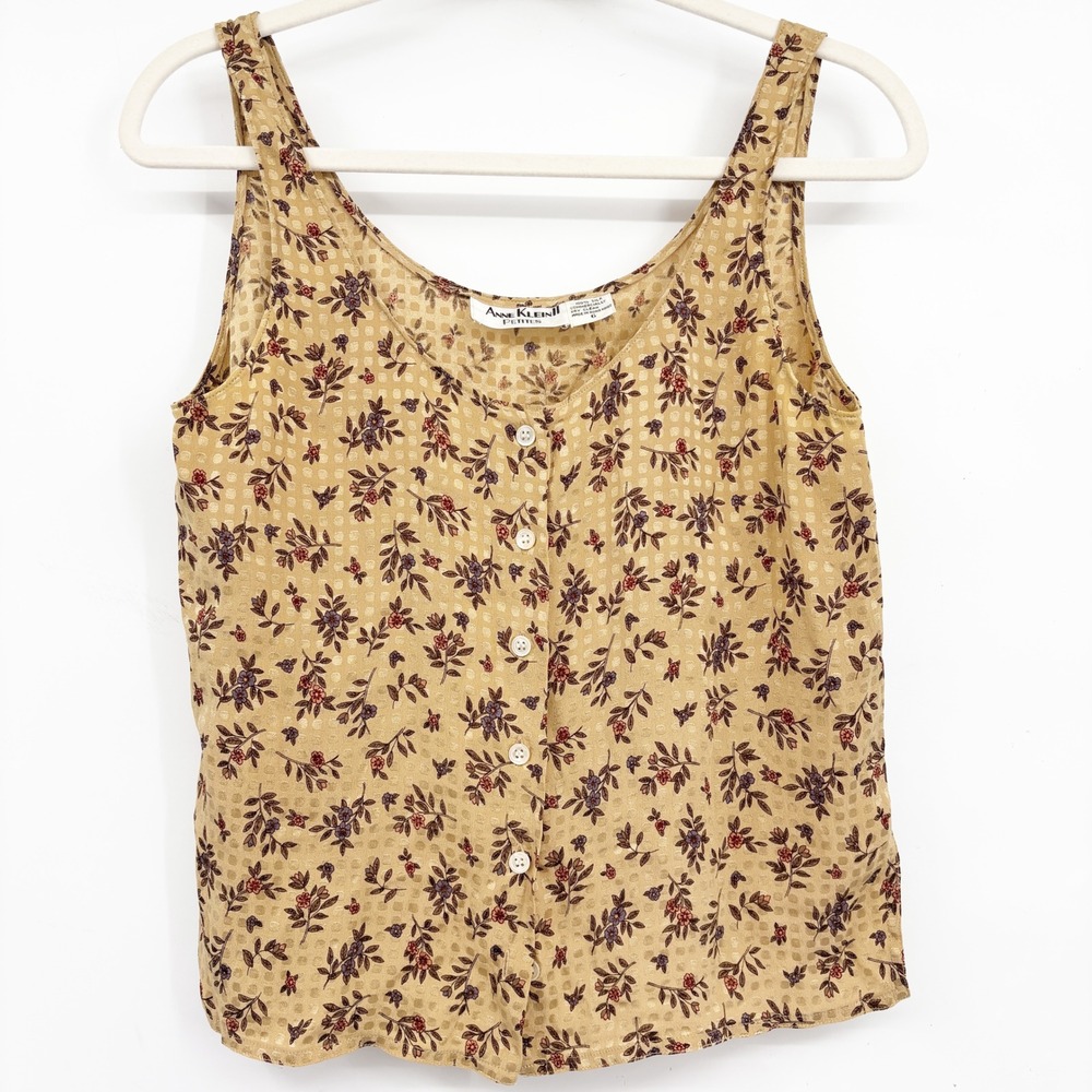 Anne Klein Womens 90s Silk Romantic Floral Jacquard Button Front Tank Top Size 6